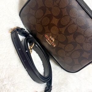 Coach Signature Brown and Black Crossbody Bag with Gold Hardware